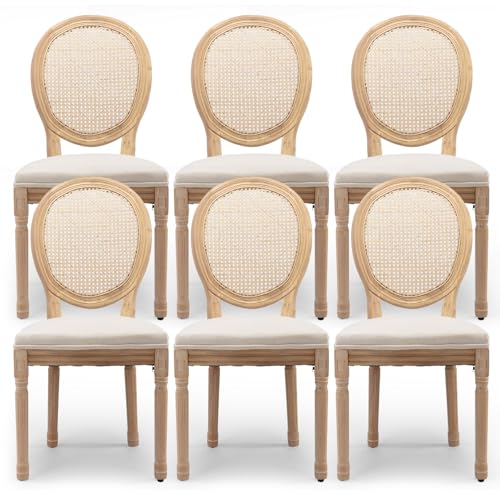 SoarTalent Rattan Back Upholstered Dining Chairs Set of 6 French Country Oval Kitchen Side Chairs with Wood Legs for Dining Room, Kitchen, Restaurant(Beige-Rattan)
