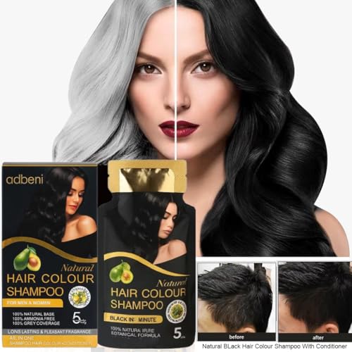 Image of Adbeni Natural Black Hair Color Shampoo with Conditioner for Men & Women | 5 Minute Grey Coverage | Ammonia Free, No Harsh PPD | Herbal Hair Dye Shampoo | 25ml x 10 Sachets