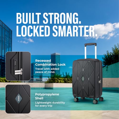 Image of American Tourister Qubiz | Cabin Trolley Bag (55 cm) | 360 8 Wheel Travel Luggage | Hard Case Polypropylene Suitcase | Recessed Combination Lock | Black /Dark Olive