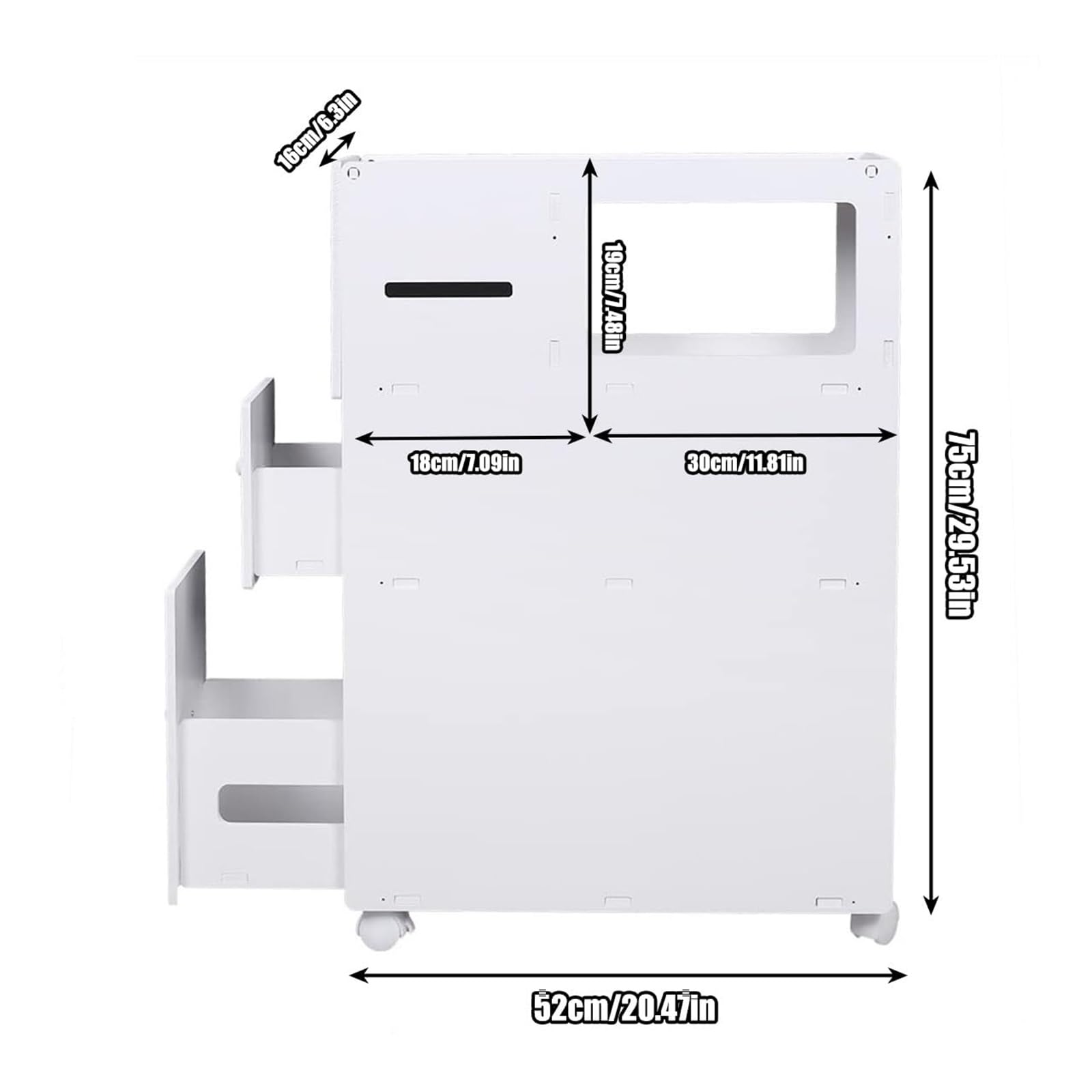 Armadio da Bagno Stretto con Ruote, Organizzatore di stoccaggio Mobile in PVC Bianco, Carrello a 2 cassetti per Piccoli spazi, Soluzione ordinata a Prova di umidità per bucato da Cucina