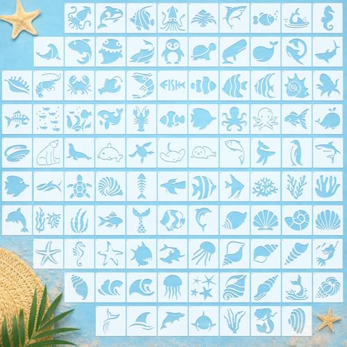 Fainne 100 Pcs Small Stencils for Crafts 1.5 Inch Reusable Painting Stencils Painting Crafts Templates for Wood Wall Home Decor Canvas Fabric (Marine Life)