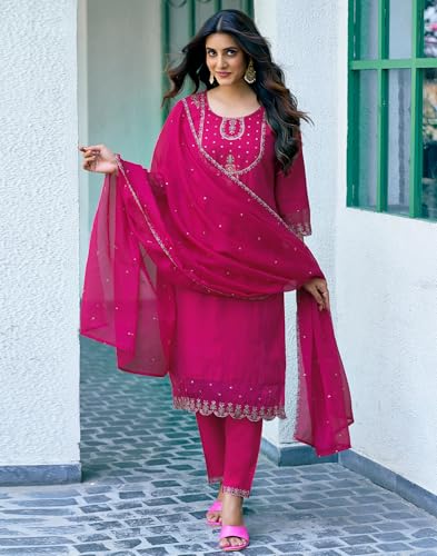 Image of SIRIL Women's Rayon Viscose Sequence Embroidery Work Straight Kurta Pant with Dupatta Set