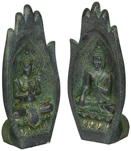 Estatua decorativa budista de resina con acabado verdigris miniatura 1