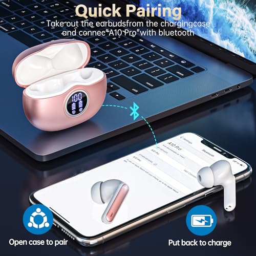 Image of A10 Pro Wireless Earbuds Bluetooth 5.3 HiFi Stereo, 50H Playback LED Digital Display Earphones, ENC Noise Cancelling Mic, Ergonomic Sport Headphone Headset for Gym /Running /Work - Rose Gold