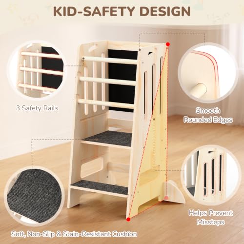 Image of Toddler Tower Kitchen Helper Adjustable Height, Toddler Kitchen Stool with Blackboard, Super Stable Learning Tower with Safety Rails & Soft Non-Slip Pads, Wooden Kids Step Stool(Natural)