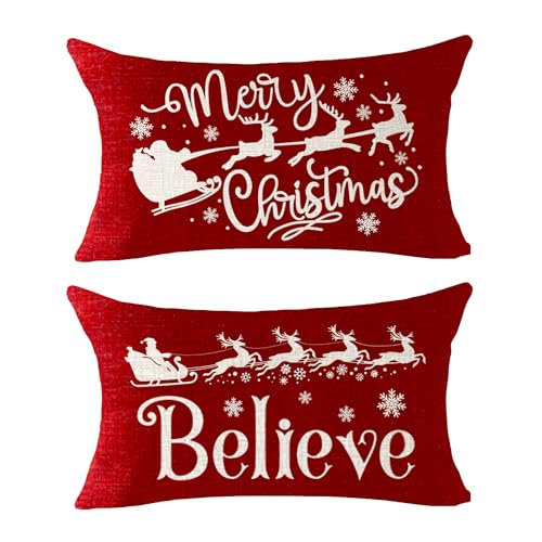 NIDITW Christmas Set of 2 Throw Pillow Covers 12x20 Inches Cotton Linen