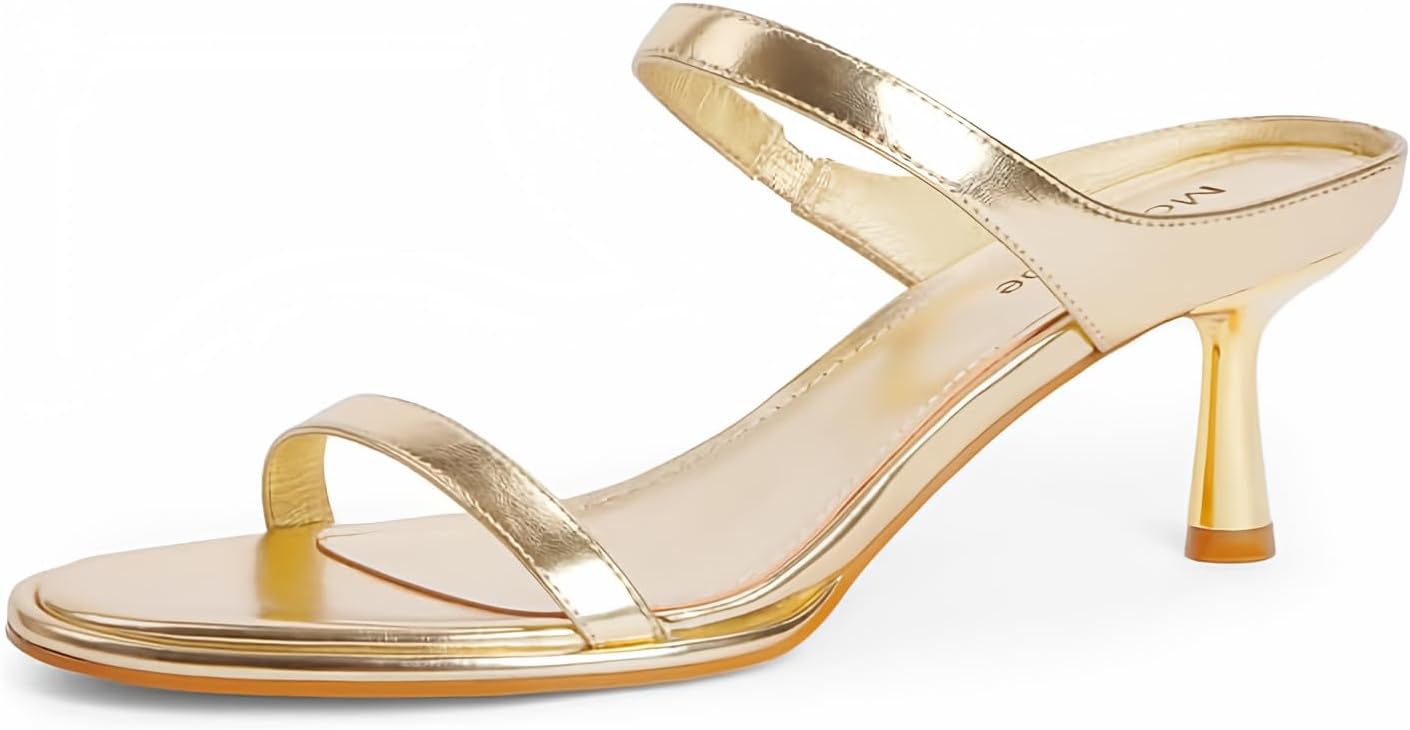 Modatope Two Strap Heeled Sandals for Women Kitten Heel Rounded Toe Heels Women Slip on Open Toe Sandals