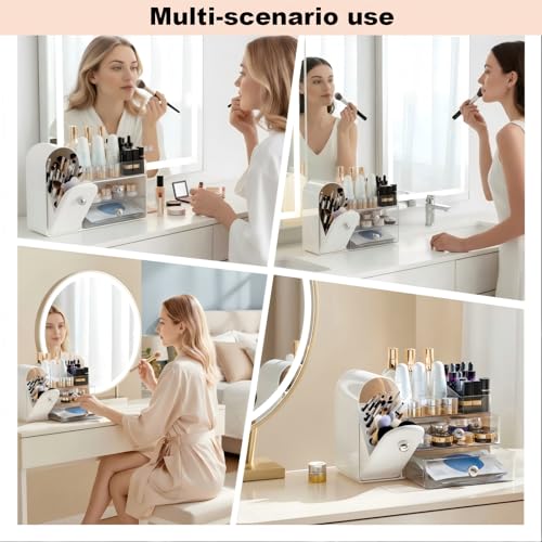 Image of Makeup Organizer for Vanity with Covered Brush Holder,Bathroom Organizers with Drawer,Skin Care Organizer,Makeup Organizers for Vanity with Drawer,Large Makeup Storage for Dresser, White