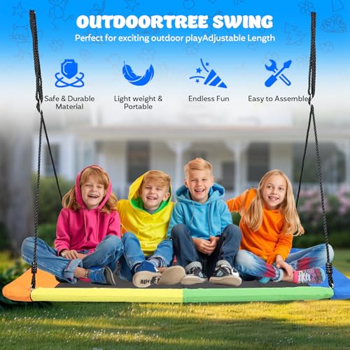 Image of 60 inch Rectangular Giant 800lbs Tree Swing for Kids and Adults,Waterproof & Durable,Heavy Duty Large Outdoor Tree Swing with 2 Hanging Straps