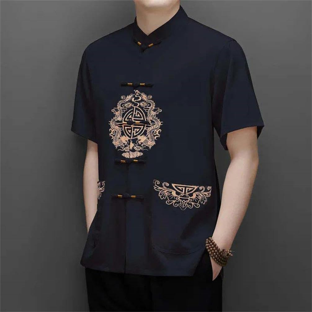 Men's Retro Silk Tang Suit Shirt Breathable Solid Color Chinese Style Stand Collar Button top Summer