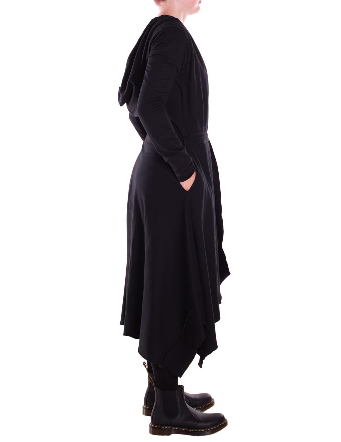 Vishes - Langer asymmetrischer Baumwoll-Überwurf mit Kapuze, Taschen, Daumenlöchern und Gürtel - Alternative Bekleidung