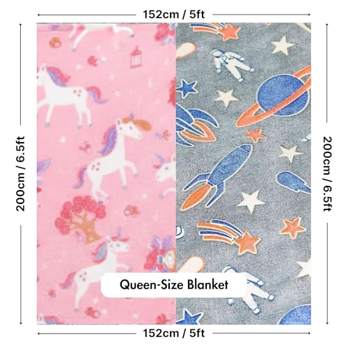 Image of Famyo Glow in the Dark Blanket Combo for Kids, Rocket & Unicorn | 2 Soft Flannel Fleece Blankets, 200 x 152 cm, Cozy, Warm, Machine Washable, Ideal Gift for Boys & Girls