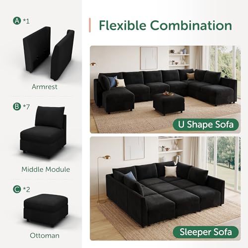 Image of HONBAY Modular Sectional Sleeper Sofa Bed with Storage,Black
