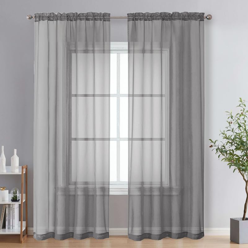Image of OVZME Charcoal Grey Sheer Curtains 90 Inches Long 2 Panels - Soft Light Filtering Window Sheer Panels for Living Room /Bedroom, Top Dual Rod Pocket, 1 Pair, Each 42Wx90L Inches