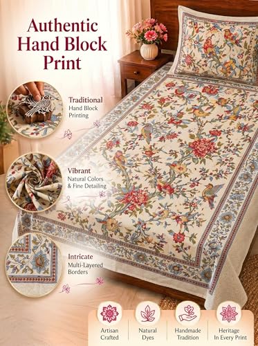 Image of Mafatlal 144 TC Heritage Single Size Bedsheet | (90x60 inches) 100% Cotton Flatsheet Twin Size with Pillow Cover| Super Soft Bed Sheet | Floral Design | Beige