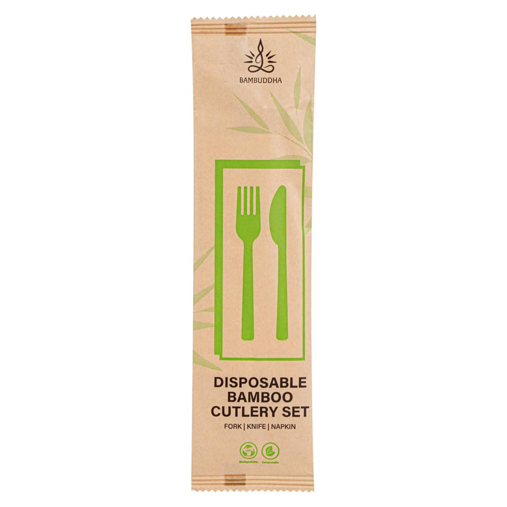 Restaurantware Bambuddha - Juego de utensilios de bambú de 7 pulgadas, 500 artículos de bambú desechables, tenedor, cuchillo y servilleta, acabado suave, cubiertos sostenibles de bambú que resisten el