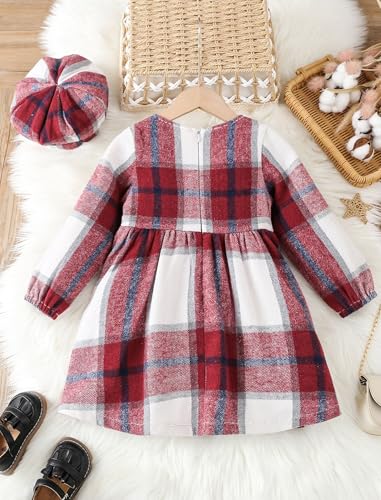 AWIBMK Girls Long Sleeve Plaid Christmas Dress with Beret Hat Vintage A-line Swing Fall Winter Dress3