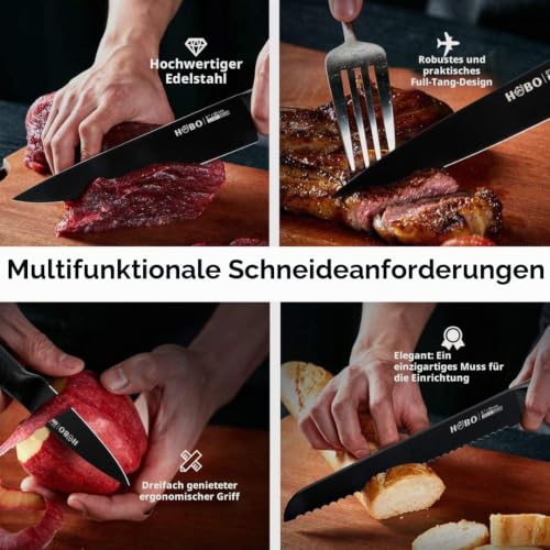 Foto von Messerblock Set, HOBO 6-teiliges Messer set mit Antihaftbeschichtung, Küchenmesserset mit Kochmesser/Brotmesser/Schneidemesser/Schälmesser, Messer aus Japanischer Edelstahl, Scharfes/Rutschfester