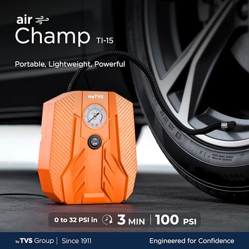 Image of myTVS air Champ Portable Tyre Inflator for Car, Bike, Cycle with 100 PSI Pressure | 12V DC | Analog Air Pump for Car tyre with LED Torch & Long Cord | 1+1 Years Warranty (TI-15)