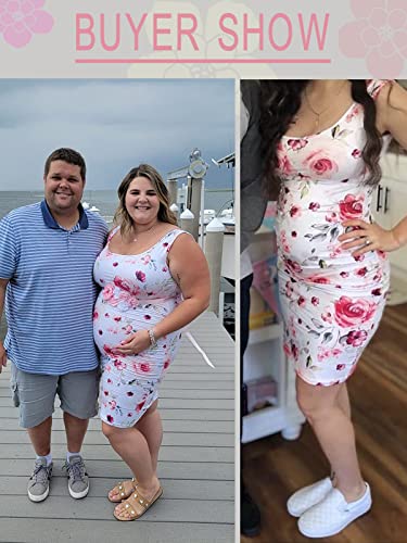 Rnxrbb Women Summer Sleeveless Maternity Dress Tank Bodycon Pregnancy Dress Casual Mama Clothes Scoop Neck,White Orange Floral L #TOP2