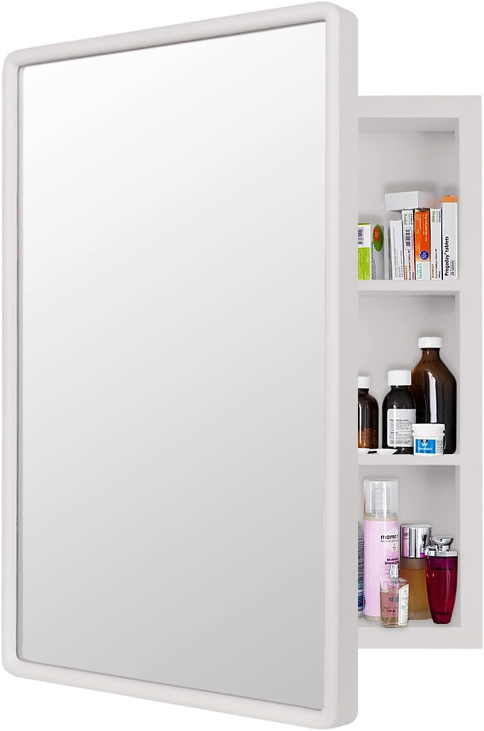 Moudra 24”x16” Recessed Wood Medicine Cabinet with Mirror for Bathroom – Wall-Mounted Wooden Bathroom Cabinet with Adjustable Storage Shelf (White, 16