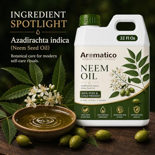 Image of AROMATICO Neem Oil for Skin, Hair and Body Care, Multipurpose Carrier Oil for Massage, Scalp Care, Dry Skin Routine, DIY Beauty and Natural Glow - 946 ml