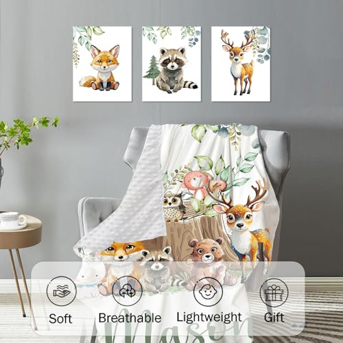 Personalized Baby Crib Bedding Set for Baby Boys Girls, Animal Stump Pattern Custom Name Baby Crib Sets 5-Pcs, Toddler Double Layer Blanket Fitted Sheets Changing Pad Cover Rug Wall Art Set2