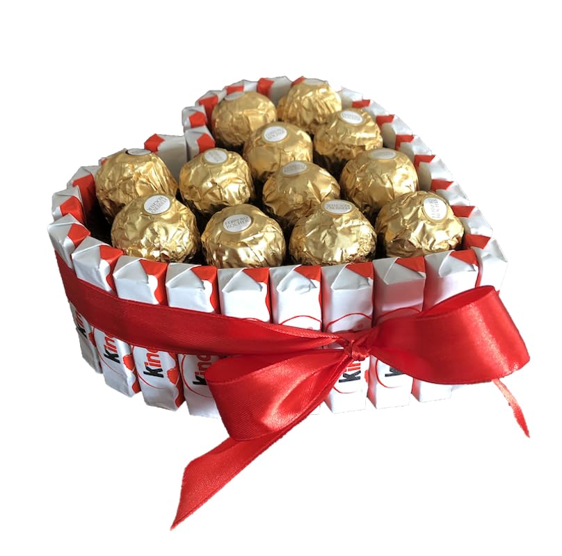 Tartas Kinder: Cesta de chocolate perfecta para regalar en Navidad, San Valentín y cumpleaños con Kinder Bueno, Schoko Bons, Ferrero y flores preservadas (Corazón medium Ferrero)