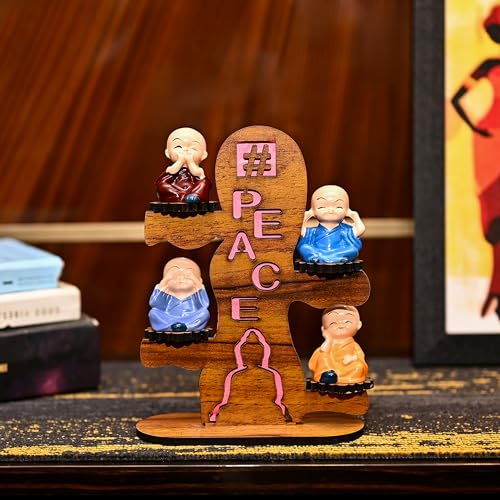 Image of ZAICUS Buddha Monk Showpiece for Home Office Decor Gift Item - 4 Baby Monk Figurines on Wooden Stand - Spiritual Statue for Decoration and Tabletop Display