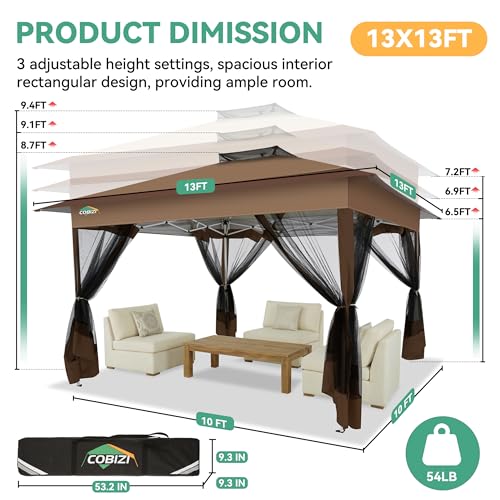 Image of COBIZI 13x13 FT Pop up Gazebo on Clearance - Outdoor pop up Canopy Tent,carpas para Patio, Shelter - Screen Tents with Portable Carry Bag, Patio Gazebos for Camping,Garden,Deck,Backyard,Brown