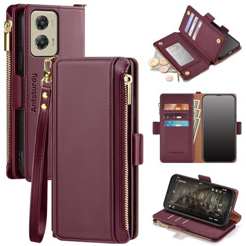 Antsturdy for Motorola Moto G Stylus 5G 2024 Wallet case with Card Holder,for Women Men,Moto G Stylus 5G 2024 Phone case PU Leather Flip Cover Strap Zipper Credit Card Slots RFID Blocking,Wine Red