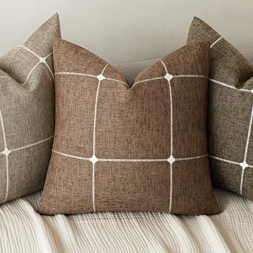 Image of Foindtower Pack of 2 Decorative Faux Linen Jacquard Check Throw Pillow Covers Farmhouse Cushion Cover with Grid Textured Accent Pillowcase for Couch Sofa Living Room Home Decor,16x16 Inch,Orange Brown