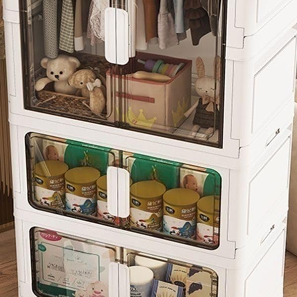 Image of EXVITO Modular Plastic Wardrobe for Bedroom | 3 Tier+1 Bins Foldable Cupboard with Hanging Rod | Stackable Storage Almirah for Clothes with Wheels | Multi-Layer Plastic Storage Cabinet - White
