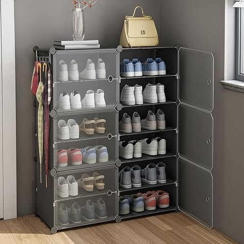 Image of AYSIS Plastic Shoe Rack for Home | ๐๐ ๐๐ก๐๐ฅ๐ DIY Shoe Rack with Door for Home Storage Plastic Box Organizer, Metal Door Frame, Chappal Slipper Sandals Stand (Grey, 12-Shelf-6-Door)