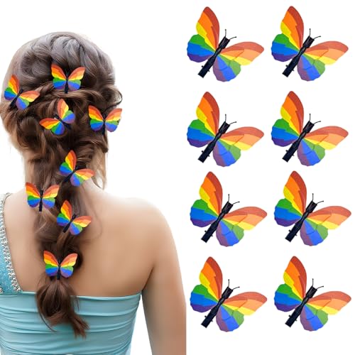KLINNA 8 Stück Schmetterling Haarspangen mit Lebendigem 3D-Effekt, Farbenfrohe Regenbogen-Accessoires für die Pride Parade, Elegante Haarklammer für Damen, Mädchen und Kinder