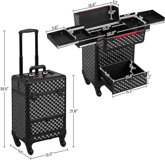 SHAMAX® Professional Rolling Makeup Case, Cosmetic Organizer Trolley, Manicure Storage Vanity Locks- Trolley for Hairdressers, Salons, Beauty Lovers - 360- Degree Universal Wheels (8163 Black) - Image 3 thumbnail