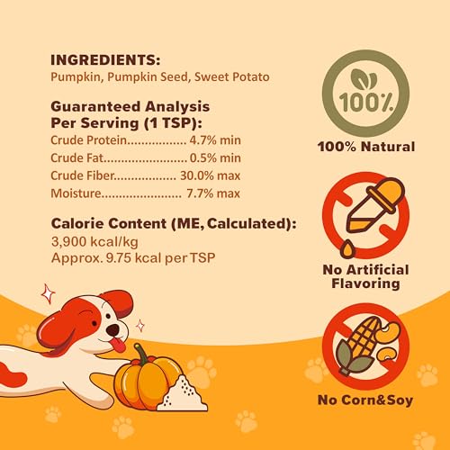 Image of Pumpkin Powder for Dogs - High Fiber Digestive Support with Pumpkin & Sweet Potato - Relieves Diarrhea, Constipation, Upset Stomach - Food Topper or Mix with Water - 8 oz