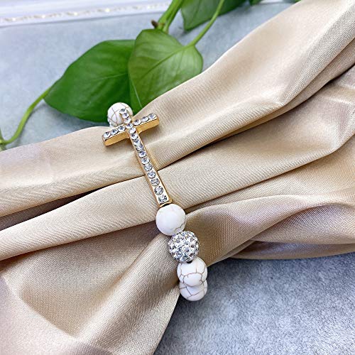 Bocar Metal Rhodium Plated Sideway Crystal Cross Simulated Turquoise Stretch Bracelet Bangle For Women Hot (Zp-Cream) #TOP2