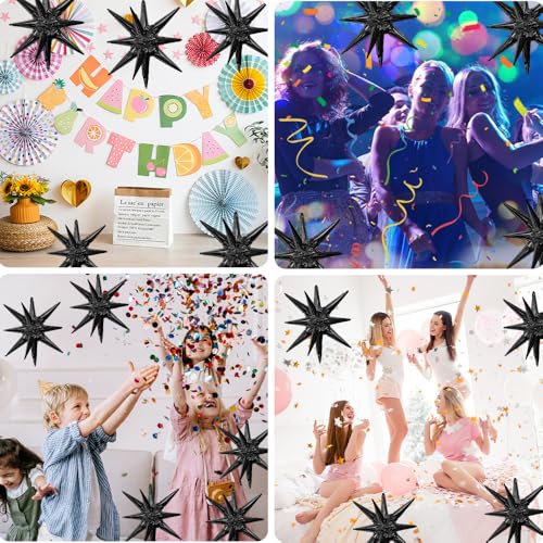 Image of Star Balloons, 6 PCS Black Star Balloons 22 Inch Explosion Foil Mylar Balloon Starburst Balloon Cone Balloon for Bachelorette Birthday Wedding Baby Shower New Year Anniversary Graduation Party Decor