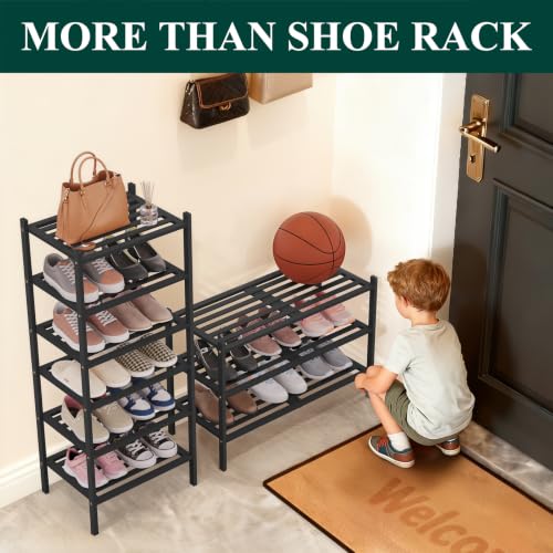 Image of Smiry Bamboo Shoe Rack, 5 Horizontal Slats, 3 Tier - 26.8 inch Wide, Black