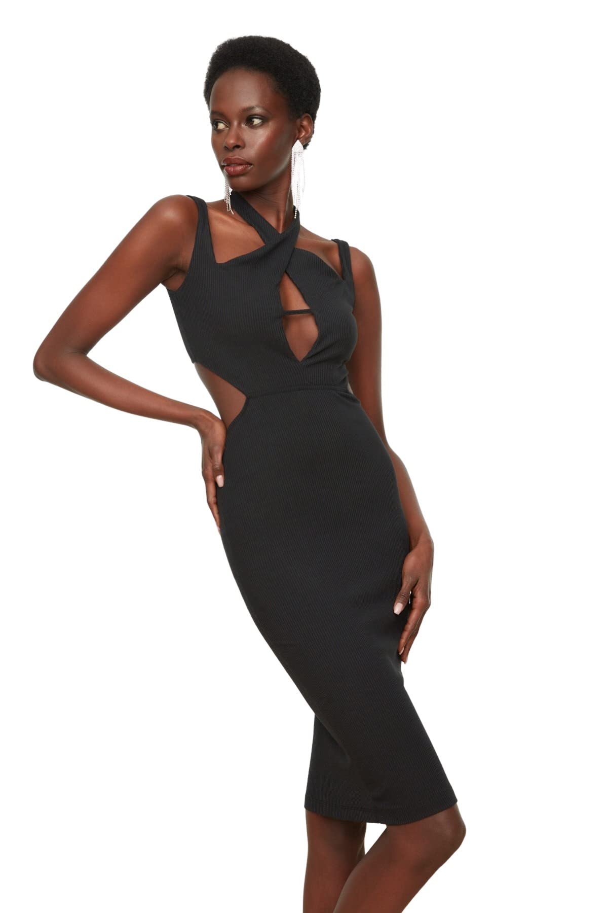 Trendyol Damen Schwarz Figurbetontes Midi-Kleid Kleid, 38 Eu