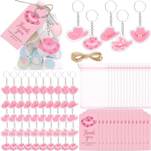 Equsion 50 Sets Cowgirl Party Favors Pink Western Hat Acrylic Keychain with Organza Bags and Thank You Tags for Birthday Bridal Wedding Baby Shower Bachelorette Party Supplies Gifts