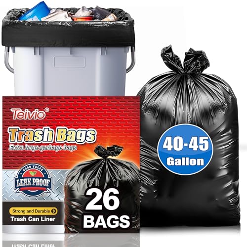 Teivio Black Large Trash Bags 40-45 Gallon 26 Count | Large Multipurpose | Fit 35 39 40 42 45 gallon Garbage Bin Liner | Kitchen | Lawn And Leaf Bags Outdoor Yard Waste Bag | Workshops Trash