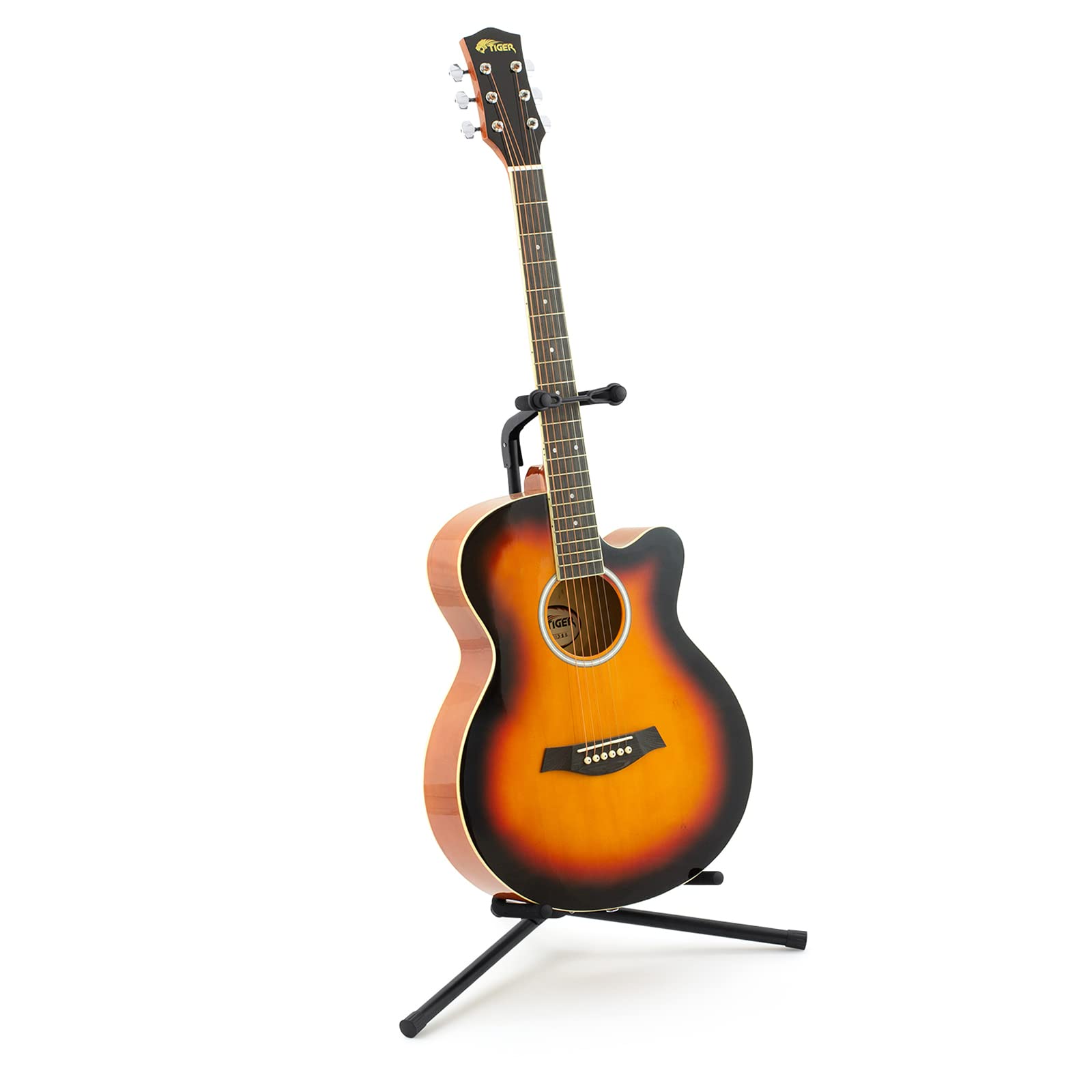 Tiger Support de guitare acoustique portable pliable avec support de manche Noir | Support avec base trépied, sangle sécurité & mousse, adapté guitare acoustique, stable et portable