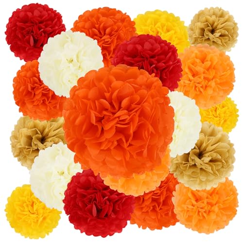 Image of BestoFun 16PCS Fall Party Decorations Orange Red Tissue Paper Flowers Pompoms Decorations for Girl Groovy Birthday Baby Shower Wedding Autumn Thanksgiving Halloween Room Wall Hanging Decor