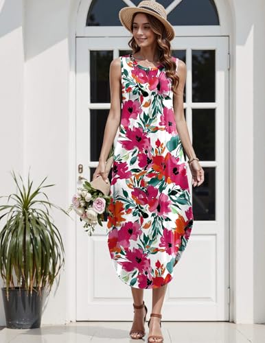 Image of Zeagoo Women Floral Summer Casual Beach Printed Tank Dress with Pockets Pleated Front Long Dress