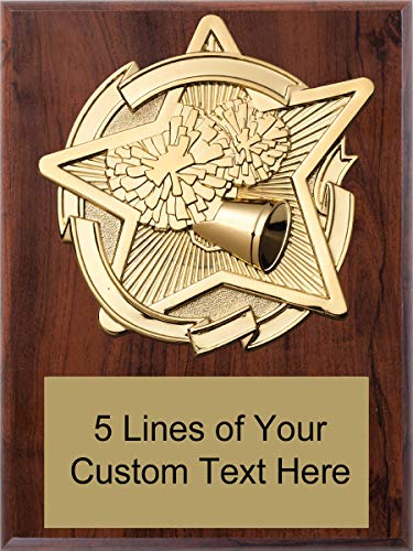 Express Medals 6 x 8 Cherry Finish Wood Cheerleading Star Plaque Trophy Award with Up to 5 Lines of Free Engraving
