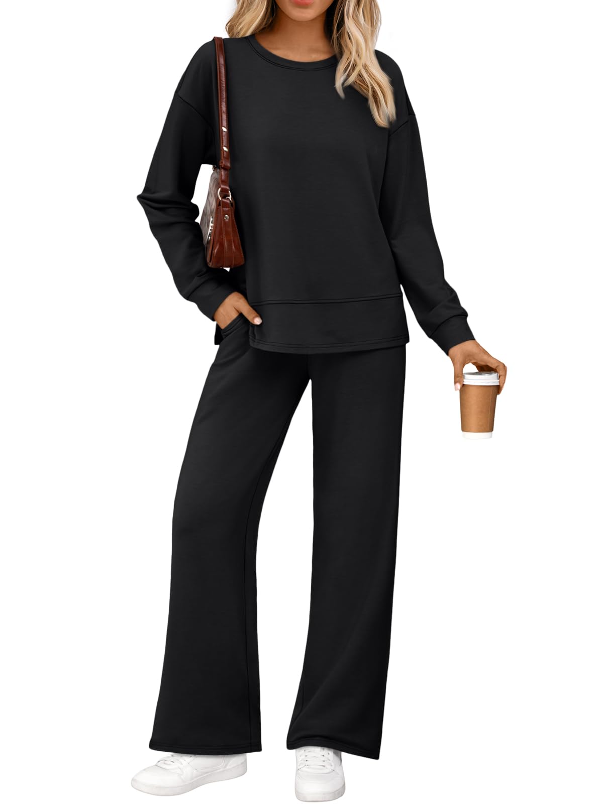 AUTOMET Womens 2 Piece Sweatsuits Outfit Lounge Sets Side Slit Sweatshirt Wide Leg Tracksuit Travel Loungewear with Pockets