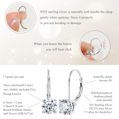 Image of Moissanite Stud Earrings for Men Women, 925 Sterling Silver 18K White Gold Plated, 1CT 6.5mm Round Cut, VVS1 D Color (0.6-2ct)
