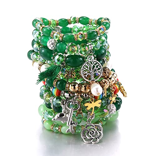 H&Py Natural Stone Bracelet Sets For Women - 10 Sets Stackable Stretch Beaded Bracelets Multi-Color Bohemian Jewelry For Women Bracelets Jewelry Friend Gift（Green） #TOP26